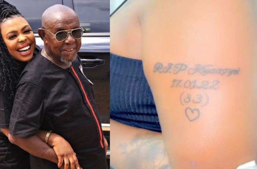  VIDEO: Sad Reactions As Afia Schwarzenegger Tattoos Name Of Her Late Father On Her Shoulders