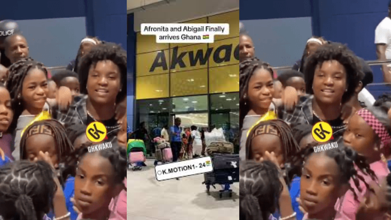 Watch as 100s of Ghanaians gather at the airport to welcome Afronita and Abigail